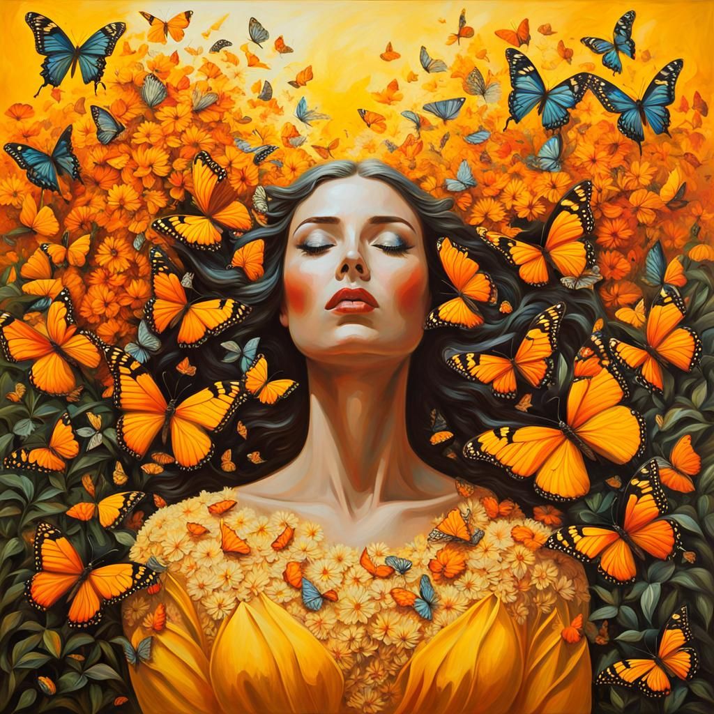 Ethereal Woman Portrait with Butterflies in Garden