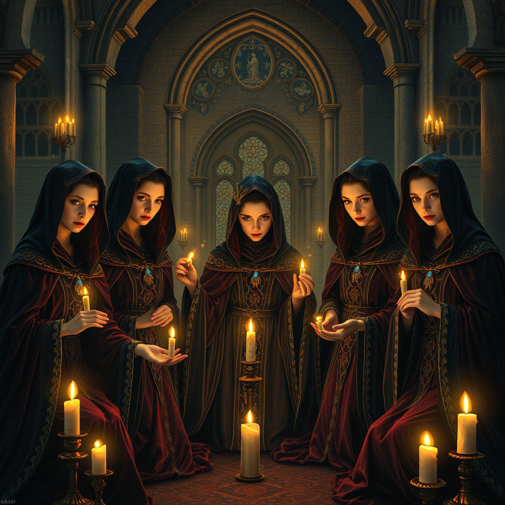 Medieval Sorceresses Conjuring Spells in Gothic Hall