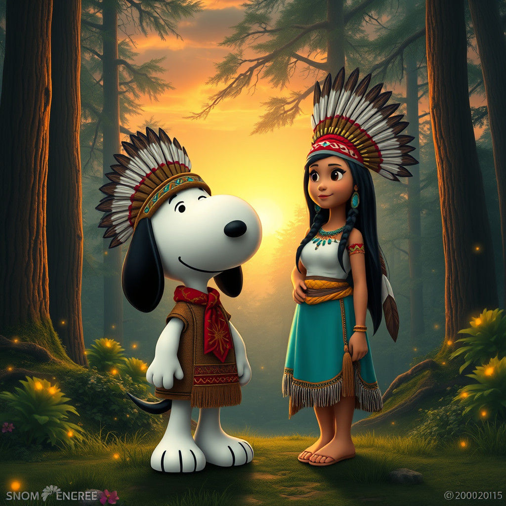 Snoopy and Pocahontas in Mystical Forest, Matte Painting