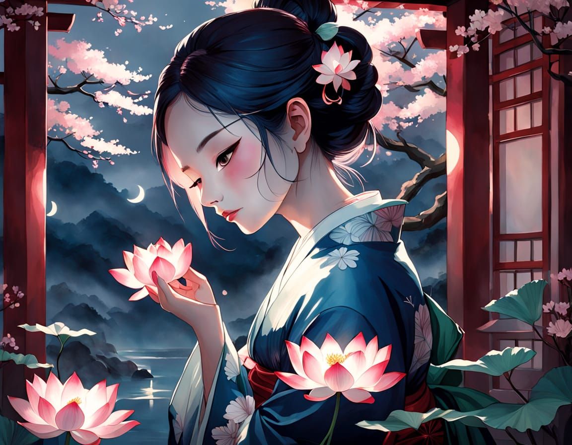 Ethereal Lotus Blossom in Japanese Temple Setting