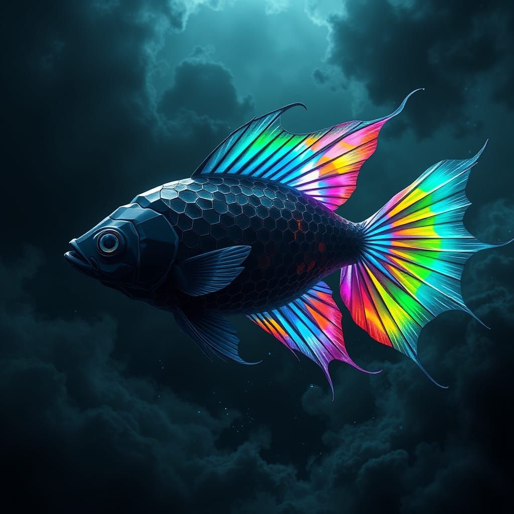Ethereal Black Fish with Rainbow Wings in a Turbulent Sea
