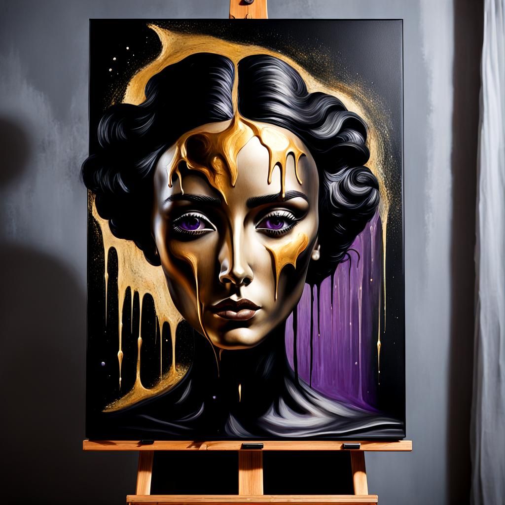 Surrealist Painting on Easel with Organic Elements