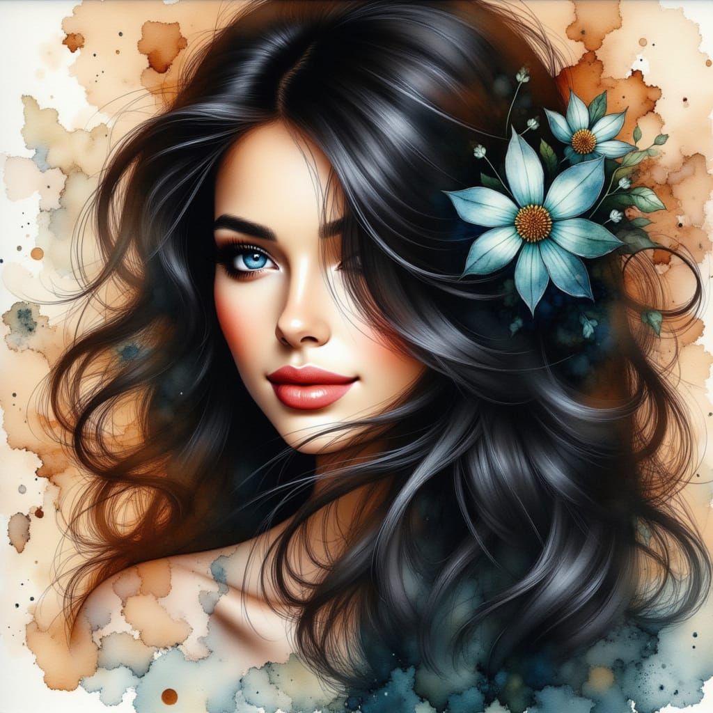 Woman with Black Hair in Watercolor and Coffee Art Style