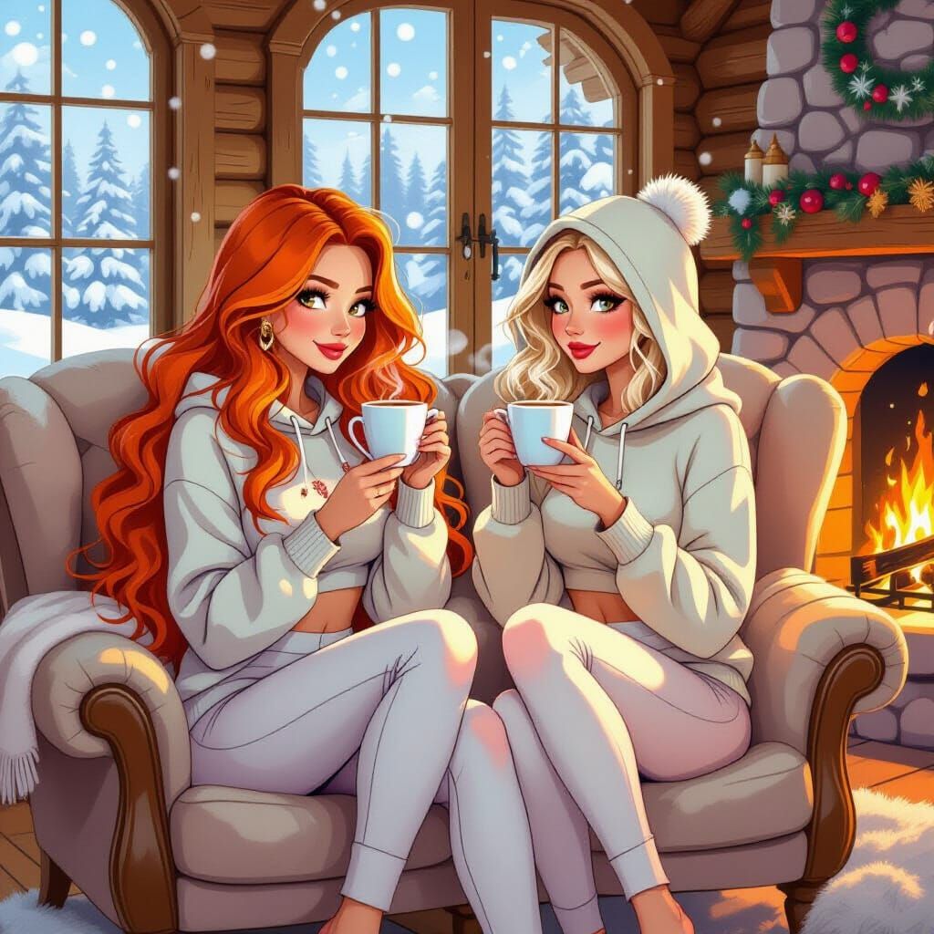 Cozy Cabin Scene with Women in Whimsical Style