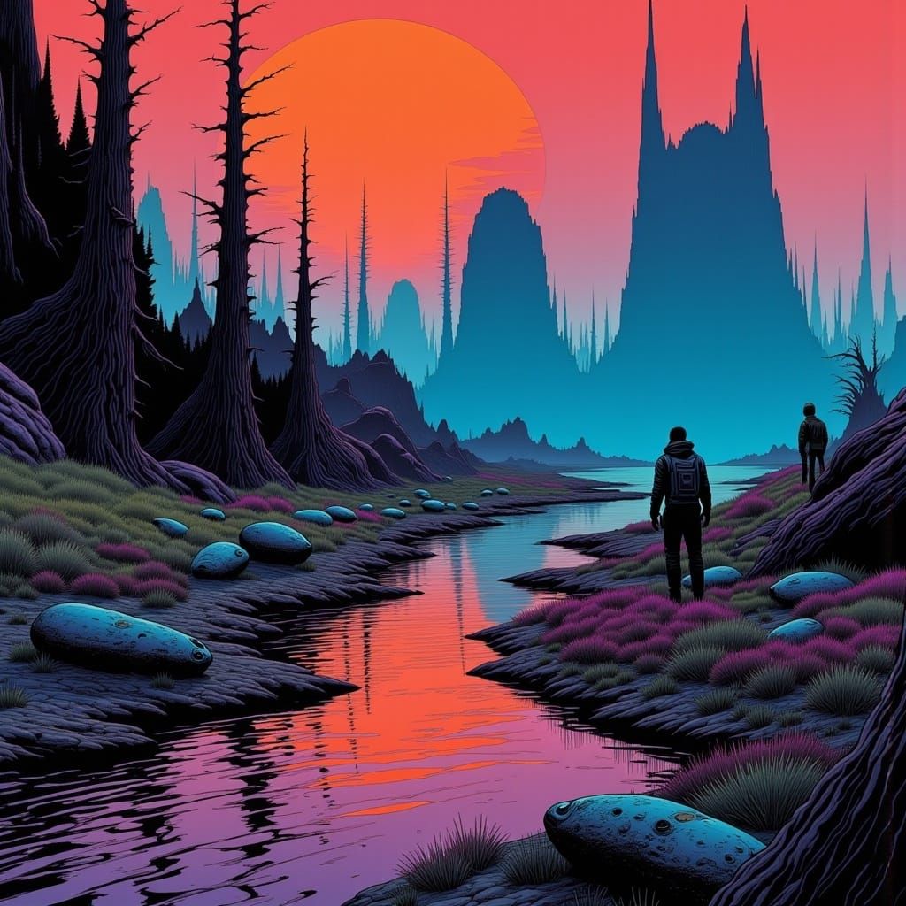 Wetland Dawn Hunt in Moebius Style