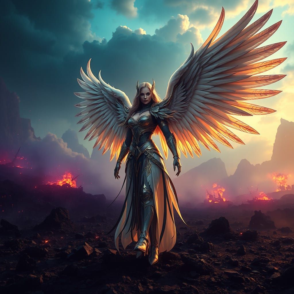 Ethereal Goddess Emerges from Dark Fantasy Battlefield