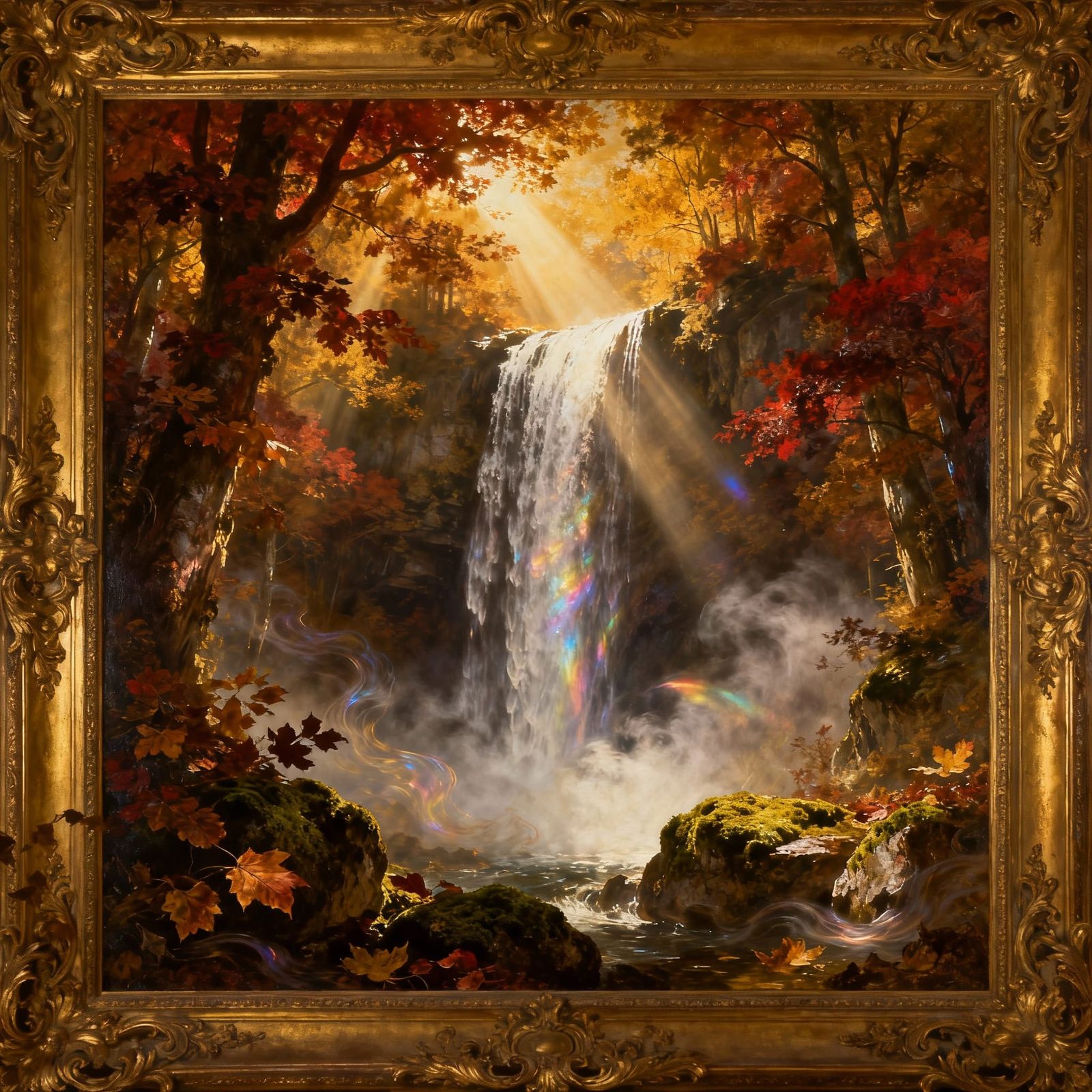 Surreal Autumn Waterfall Oil Painting