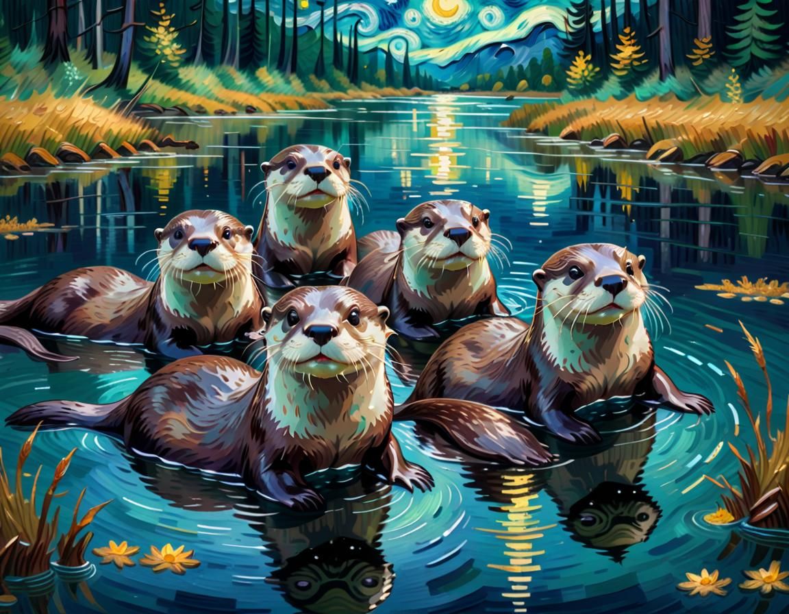 Otters Reflecting Stars in Van Gogh Style