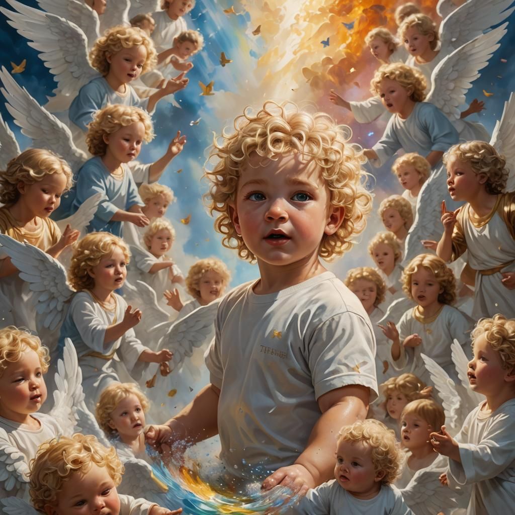 Blond Baby Surrounded by Angels in Heaven
