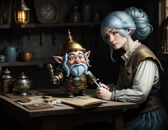 Gnome Repairs Automaton in Dark Fantasy Style
