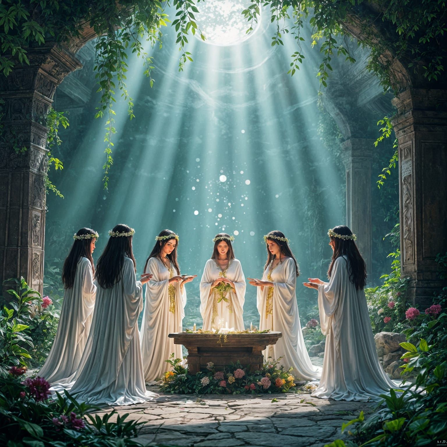 Vestal Priestesses Attend Rite in Misty Temple