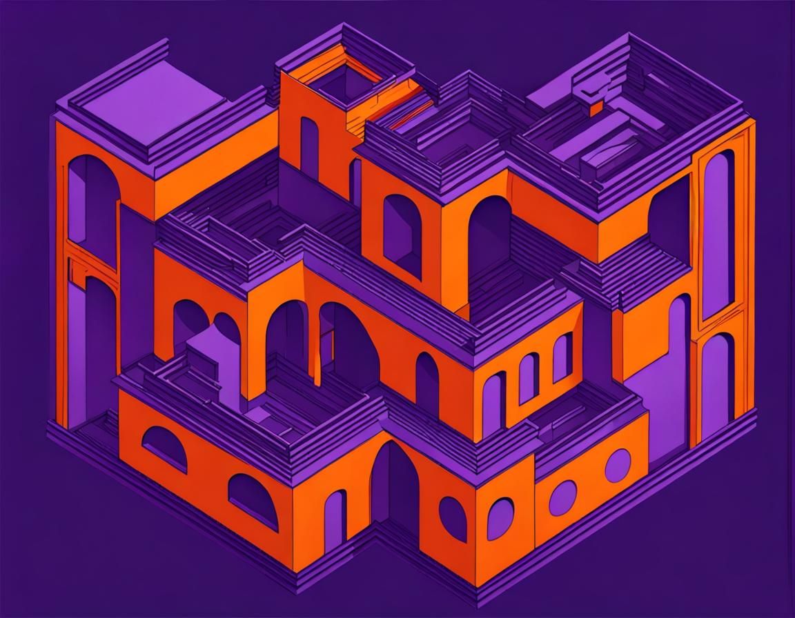 Escher-esque Impossible Architecture in Orange and Purple