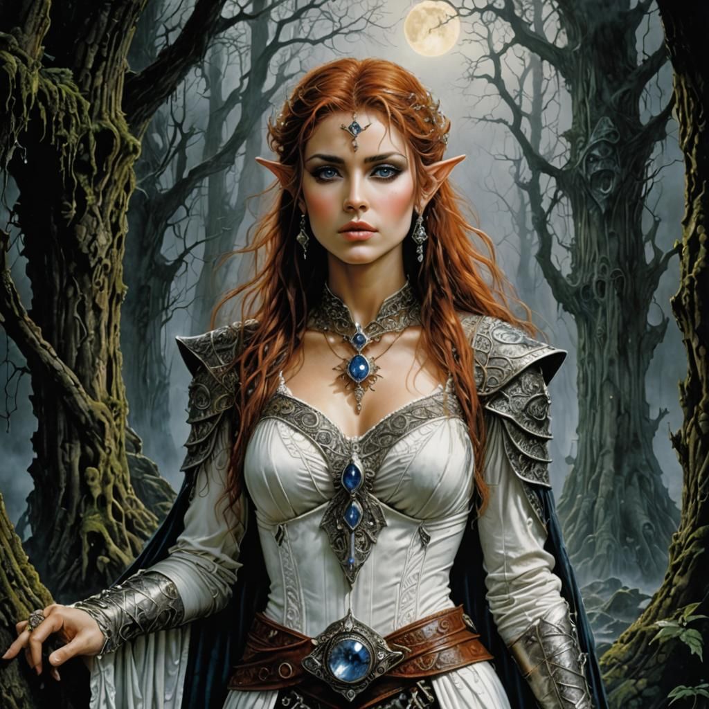 Half-Elf Sorceress in 80s Style: Detailed Fantasy Art