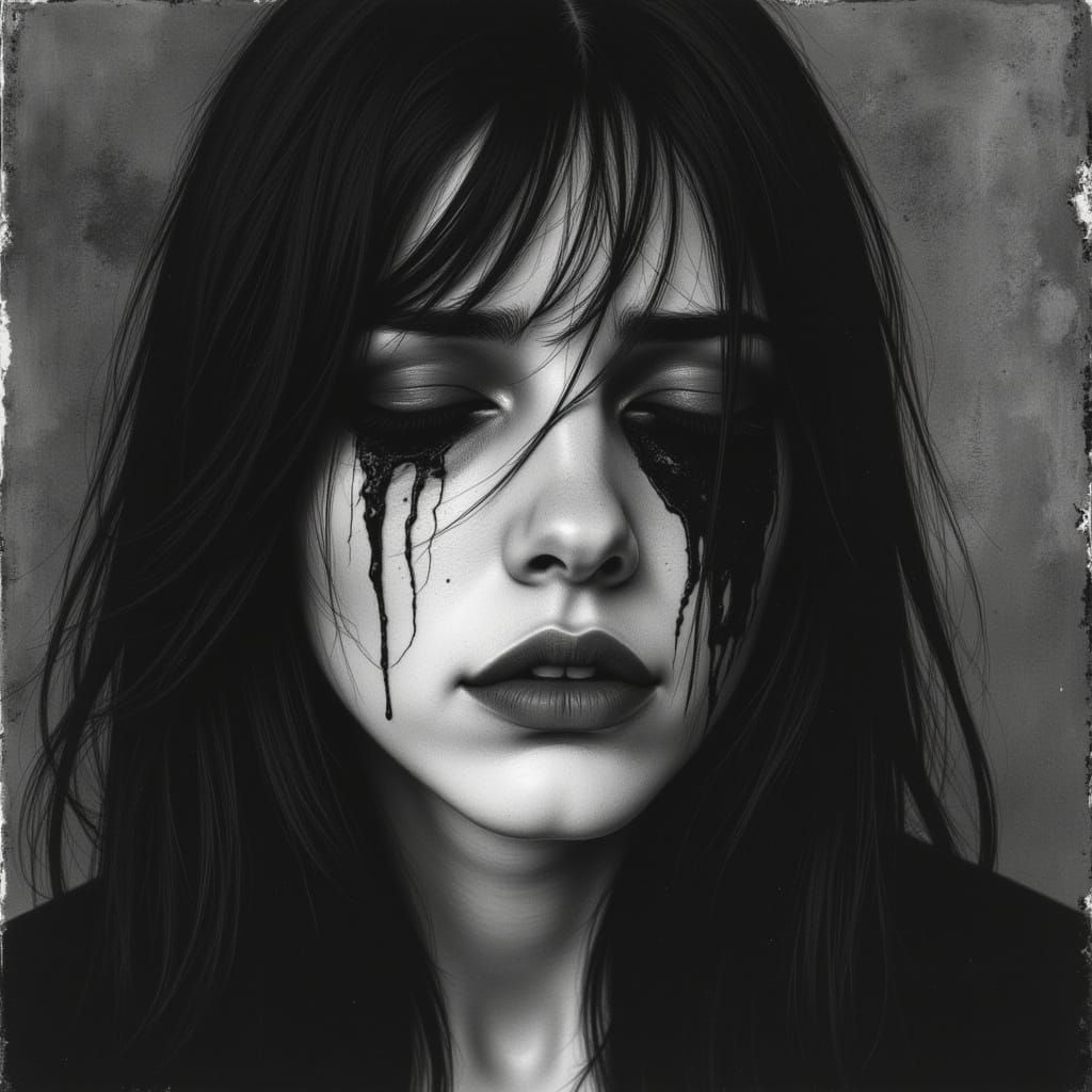 Woman Crying Blood in Detailed Black and White Portrait