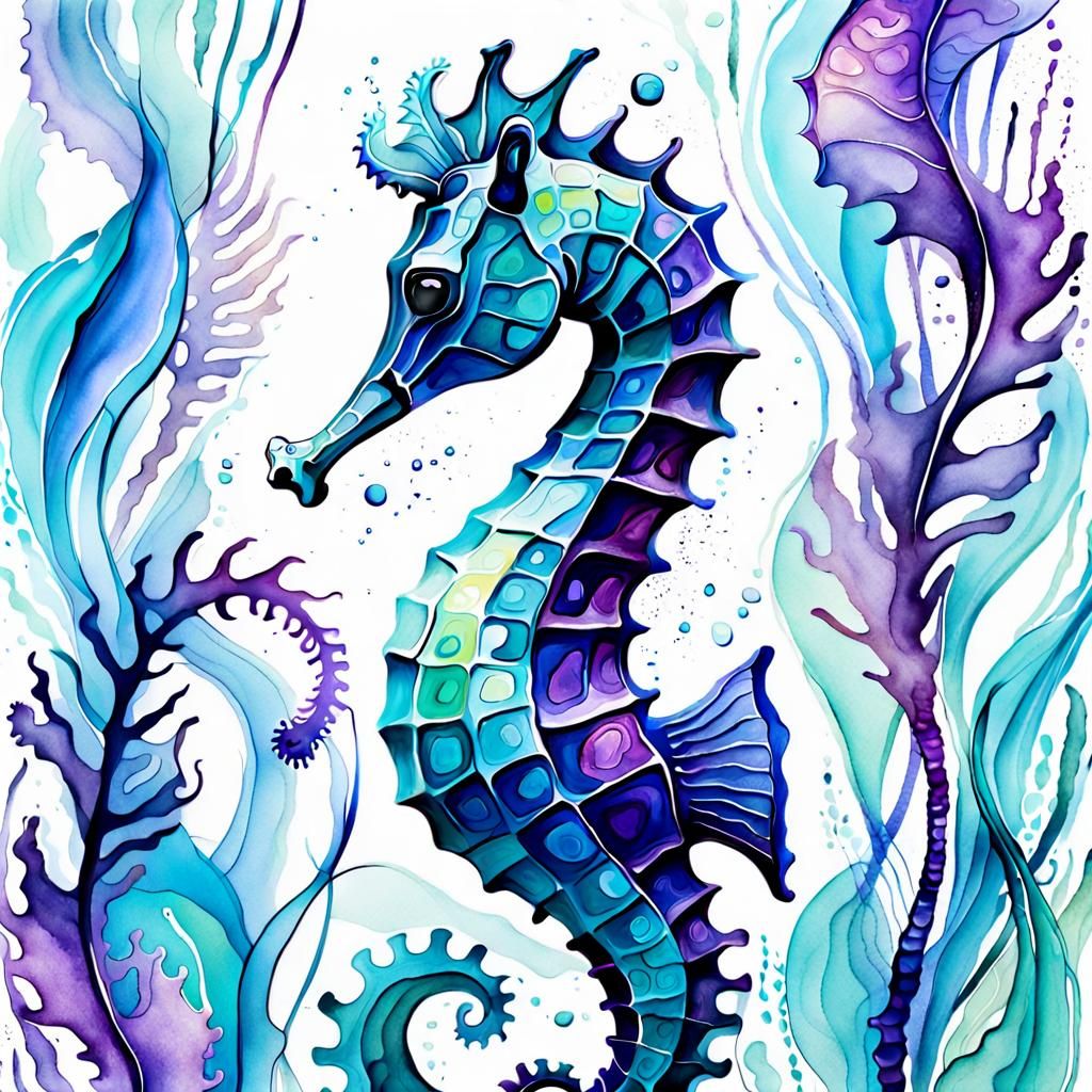 Abstract Expressionist Seahorse in Watercolor Fauvism