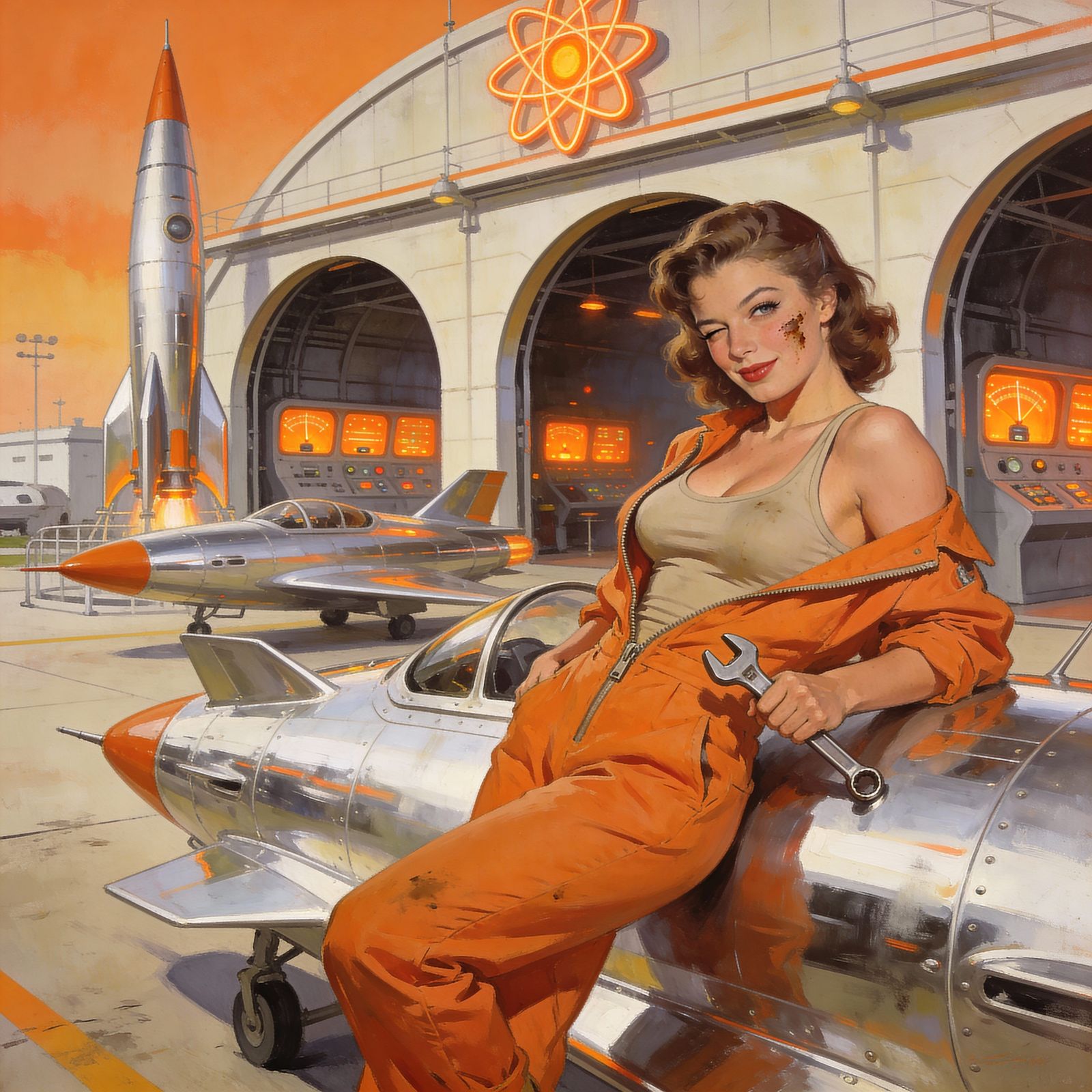 Retro Sci-Fi Pin-Up Mechanic with Rocket Ship