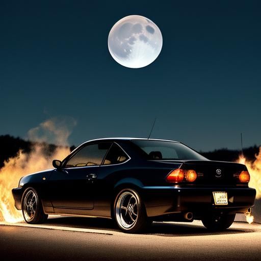 Night Drive with Fiery Wheels Under Moonlight