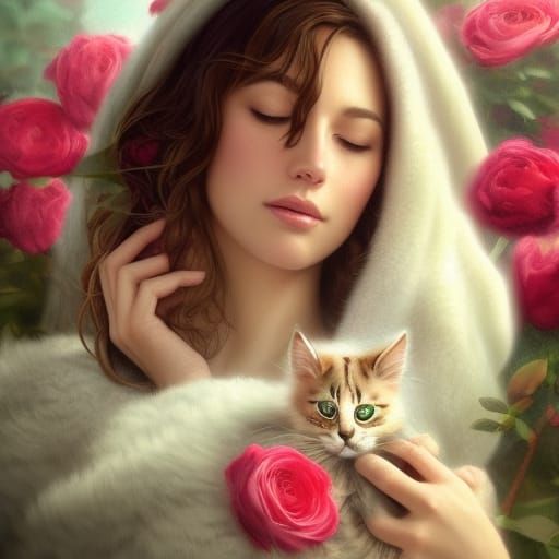 Woman Hugging Cat in Rose Garden, Detailed Portrait