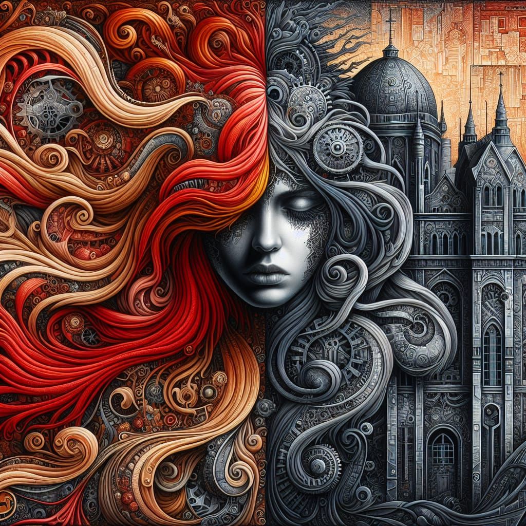 Melancholy Woman Merging with Steampunk Cityscape