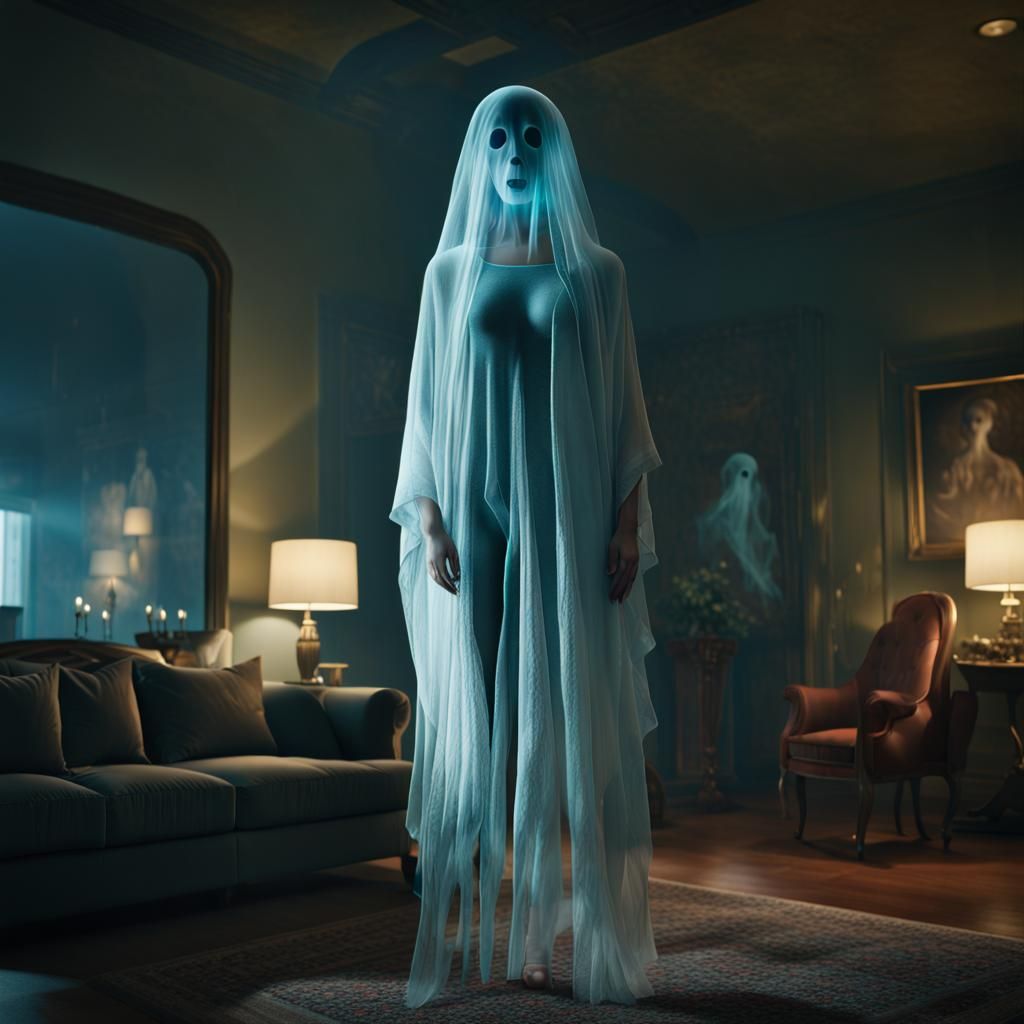 Bioluminescent Ghost Over Woman: Double Exposure Effect