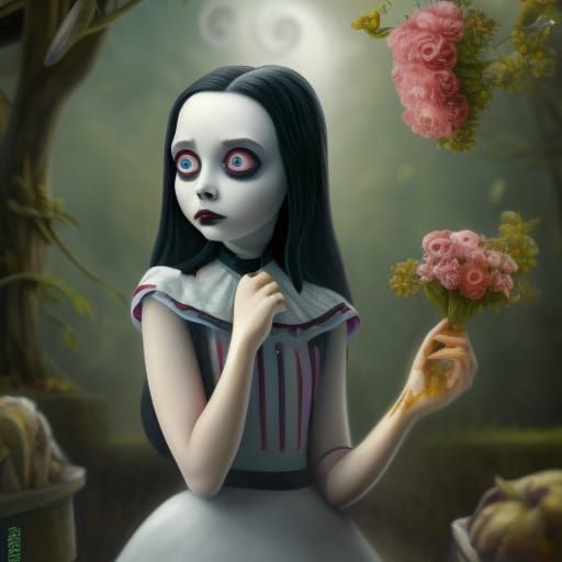 Wednesday Addams in a Garden: Detailed Matte Painting