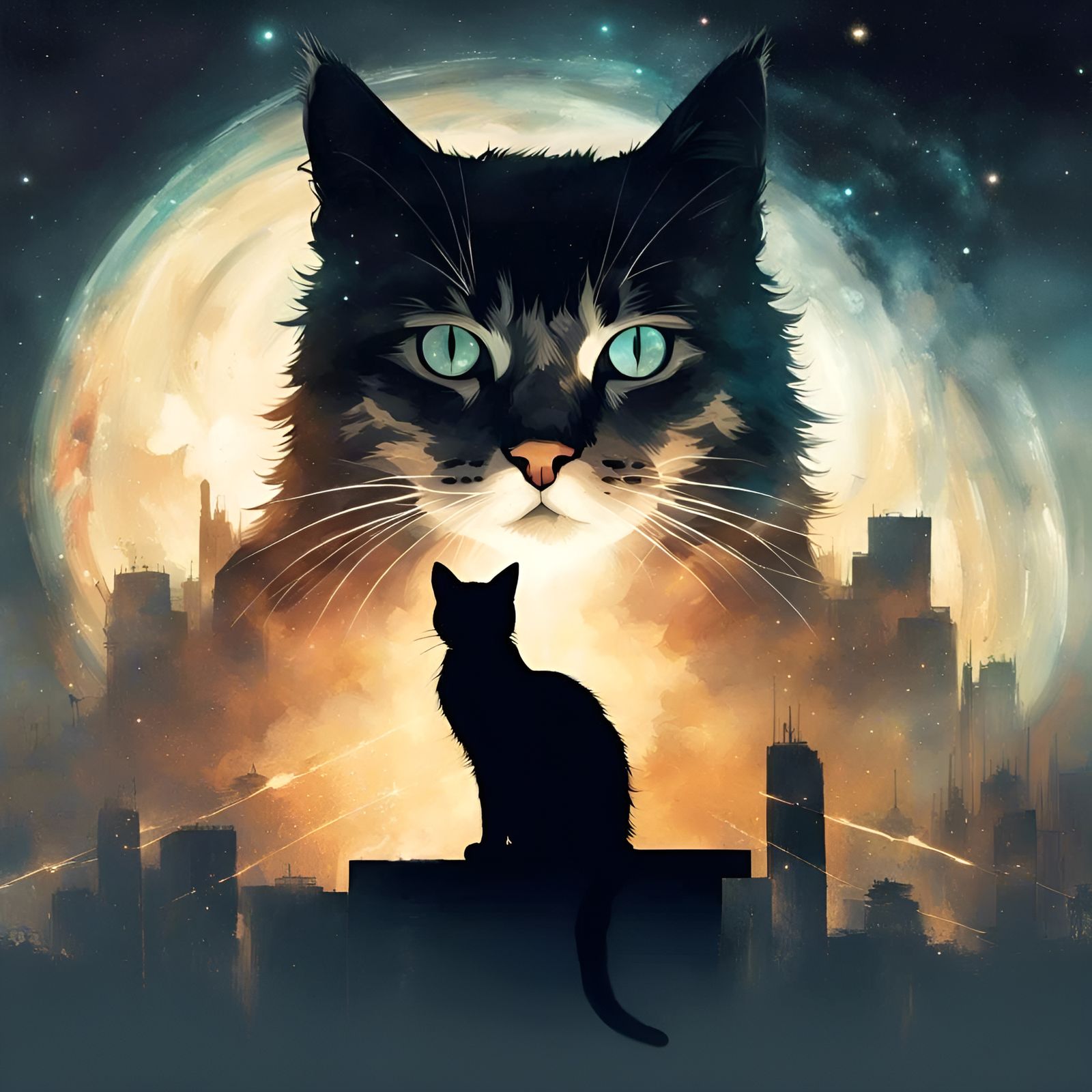 Cosmic Cat Silhouette in Space: Digital Art