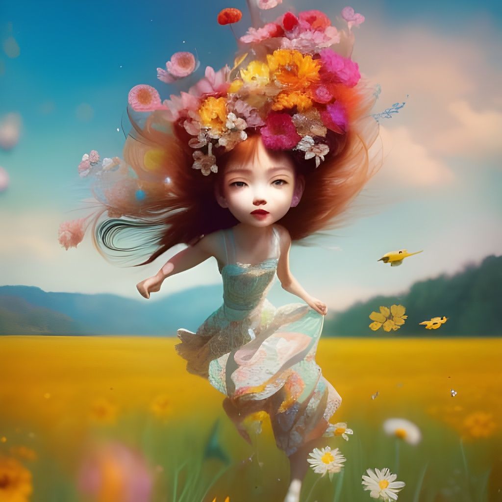 Happy Girl Runs Through Joyful Summer Meadow