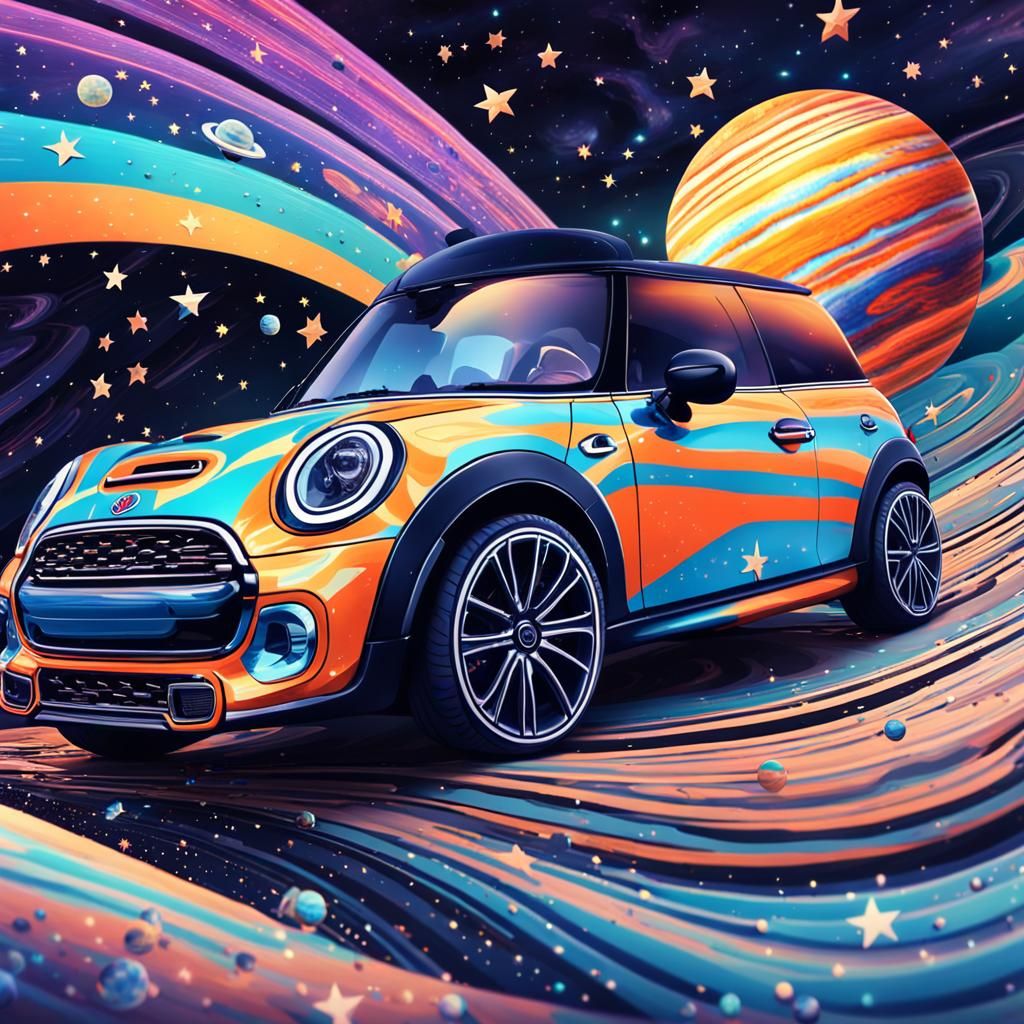 Zebra Mini Cooper in Cosmic Orbit: Digital Art