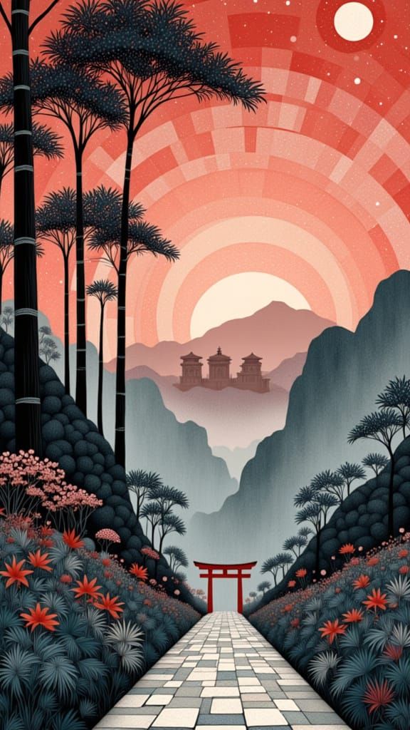 Red Torii Gate Amidst Bamboo and Mountains