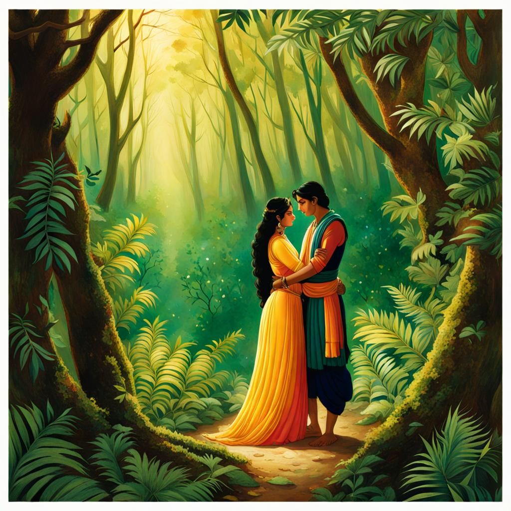 Shakuntala and Dushyant Embrace in Forest