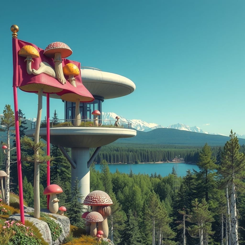 Futuristic Mushroom Landscape with Modernist Bunker and Quic...