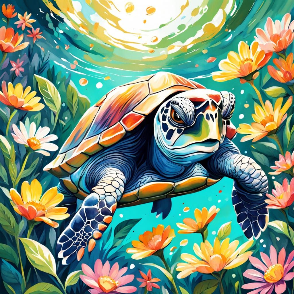 Vibrant Watercolor Turtle in Whimsical Nature Scene