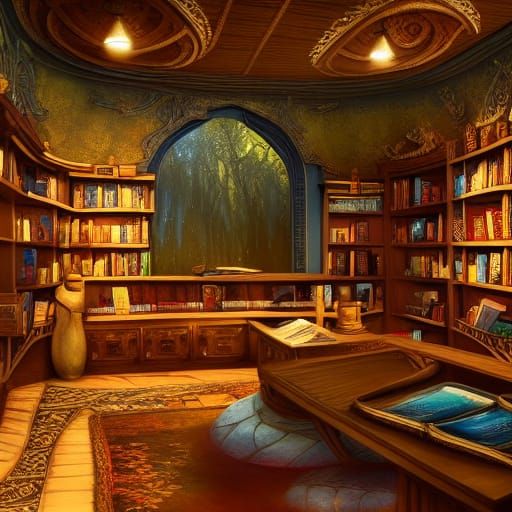 Detailed Fantasy Bookstore Interior in Matte Painting Style
