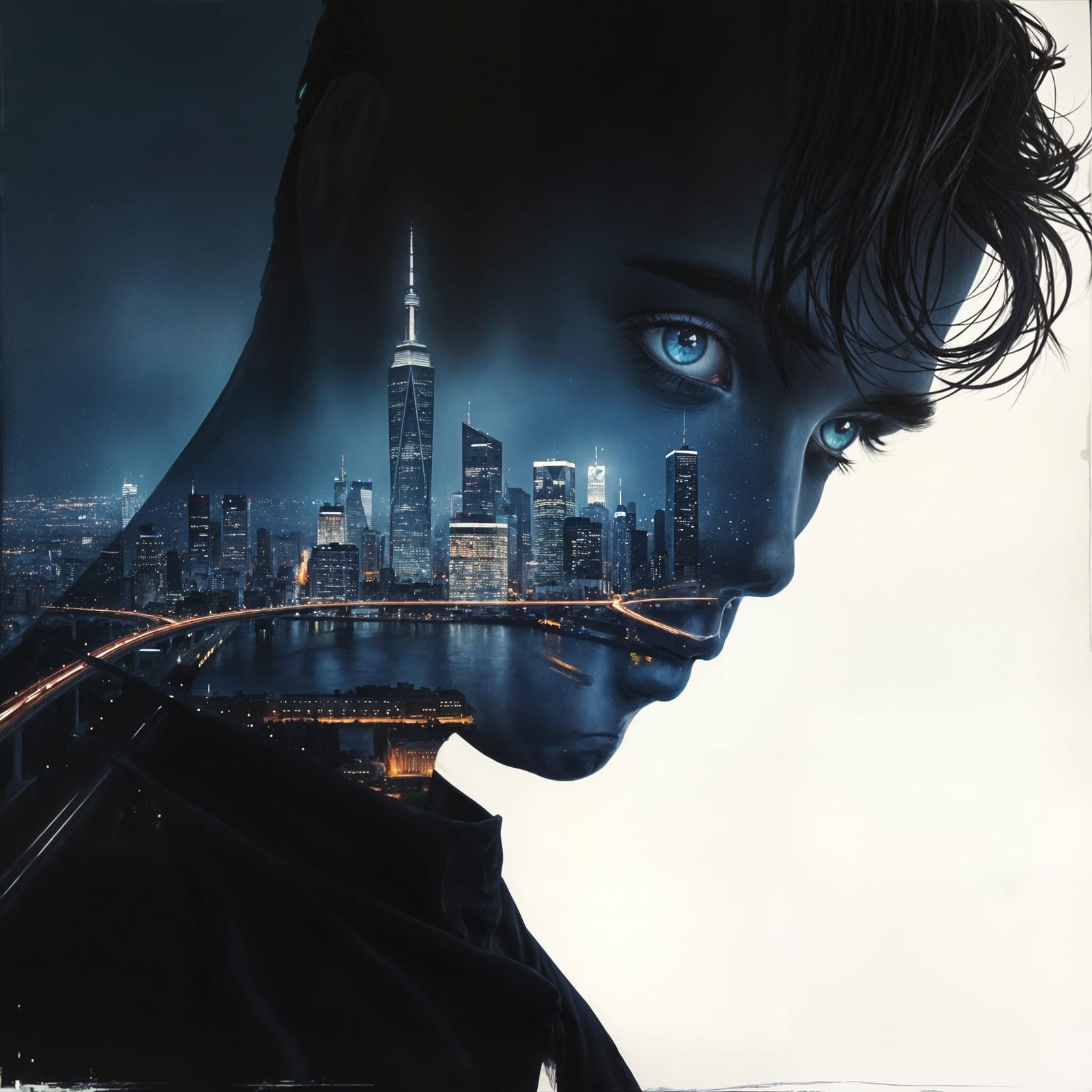 Neon-Lit Cityscape Figure with Glowing Eyes in Impasto Style