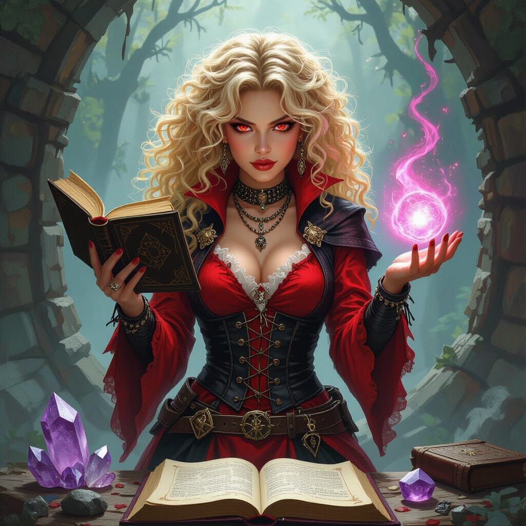 Red-Eyed Witch with Pagan Book in Oil Painting Style