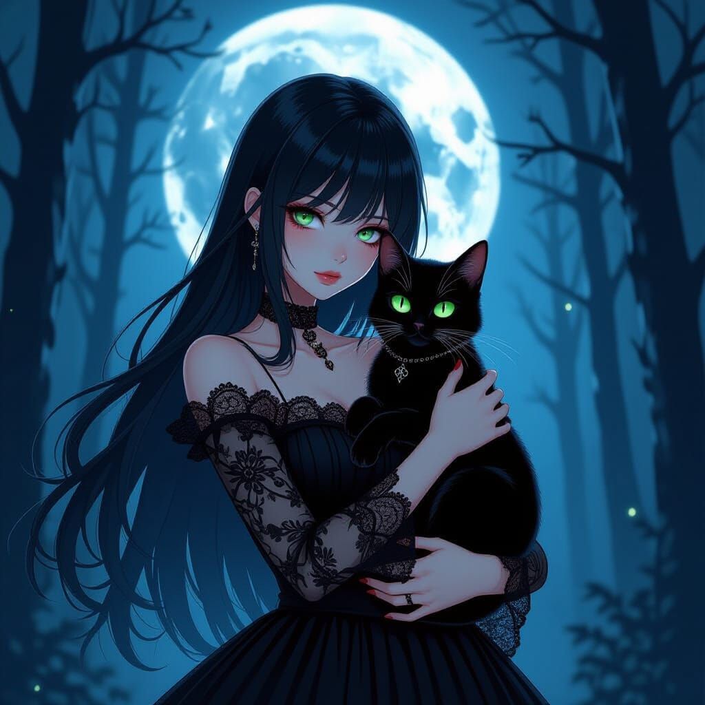 Gothic Girl with Black Cat in Moonlit Forest Anime Style