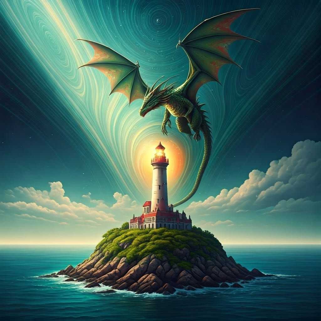 Green Dragon Soars Above Lighthouse on Mystical Island