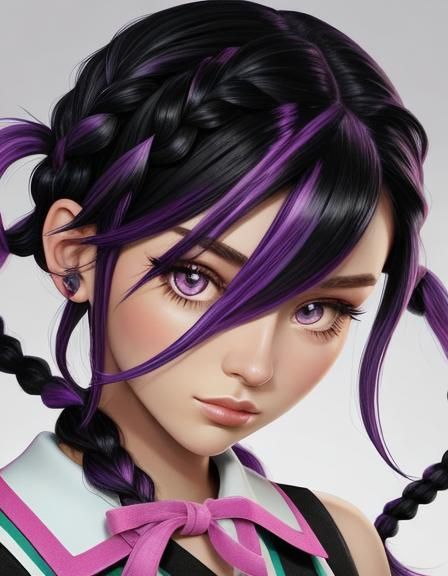 Cartoon Young Girl with Braids and Highlights