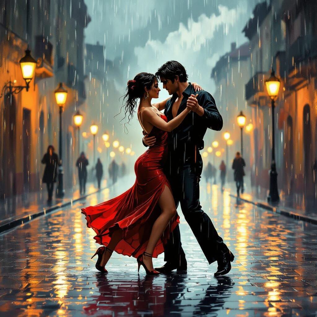 Passionate Tango Dancers in Rainlit Street