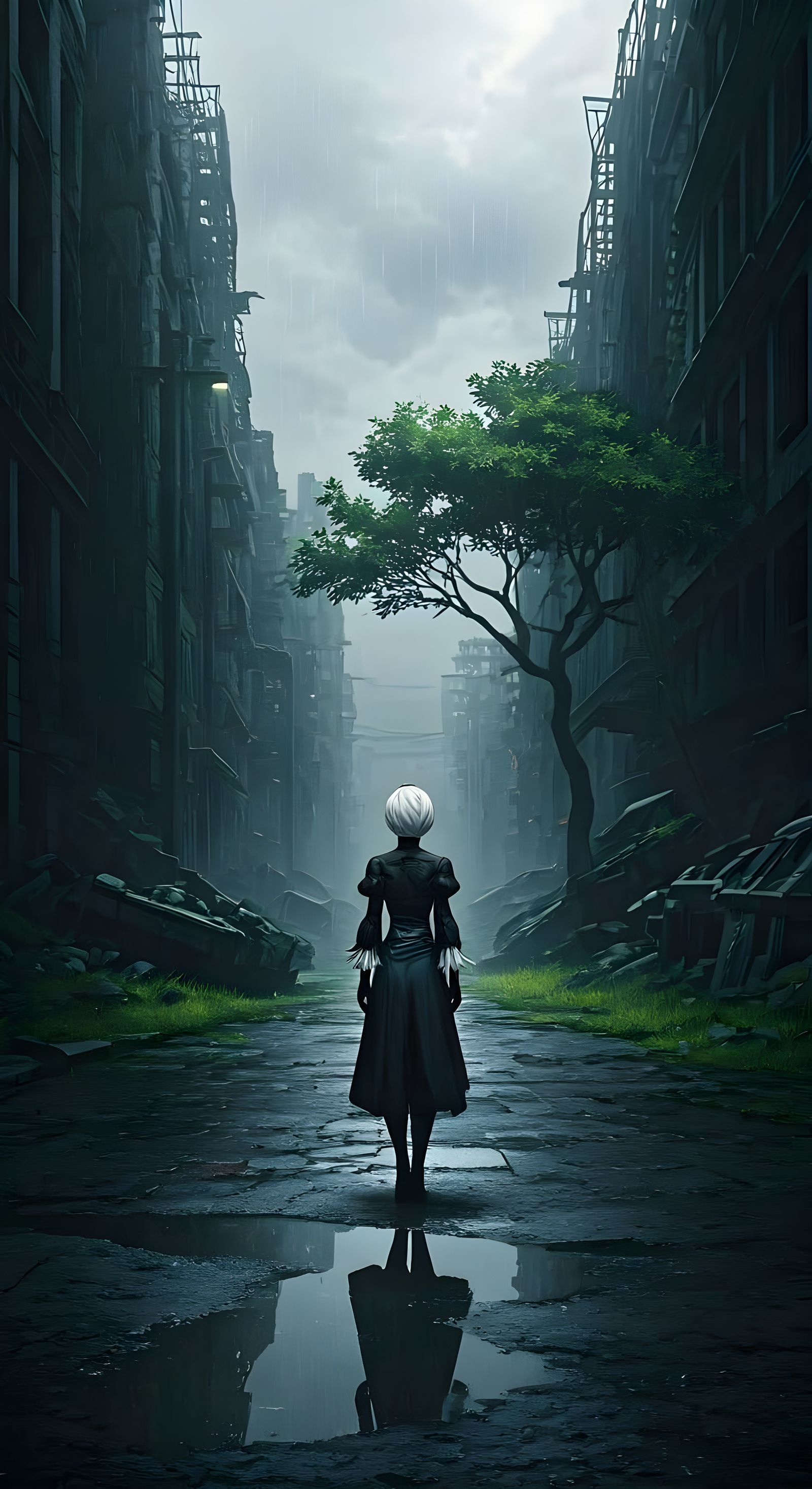 2B in a Haunting Wasteland Ruin, Cyberpunk Cityscape