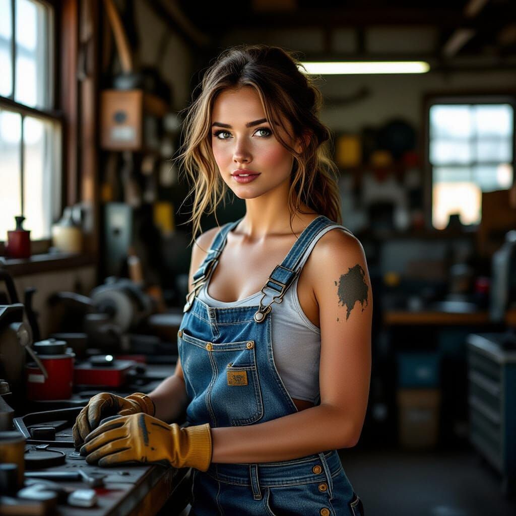 Beautiful Woman Mechanic in Workshop: Photorealistic Digital...