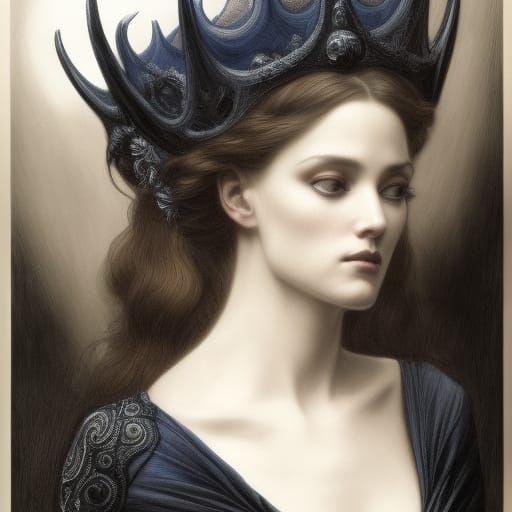 Art Nouveau Woman with Spider Crown in Black and White