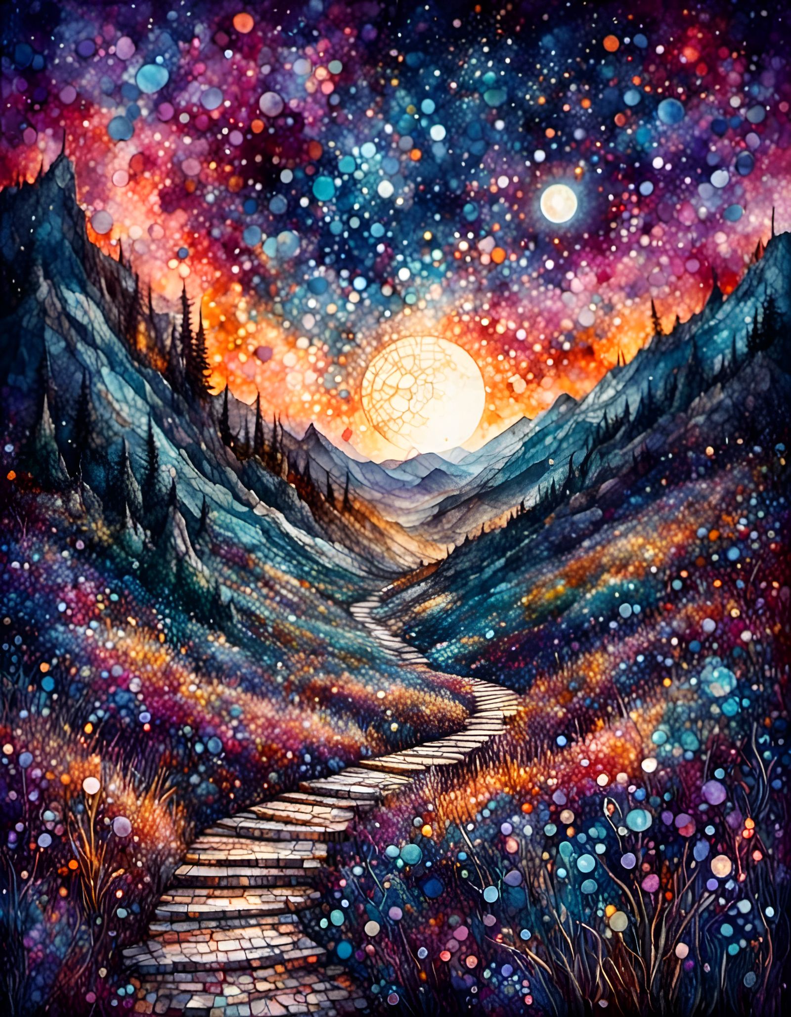 Moonlit Mountain Path in Rustic Mosaic Style