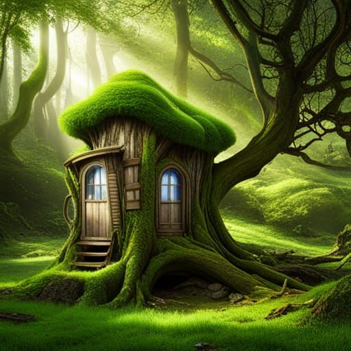 Whimsical Fairy Cottage in Gnarled Tree Trunk