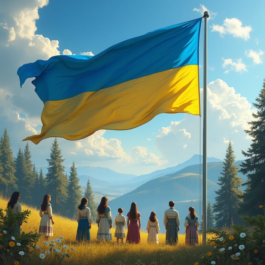 Ukranian Flag Waving in Dreamlike Landscape