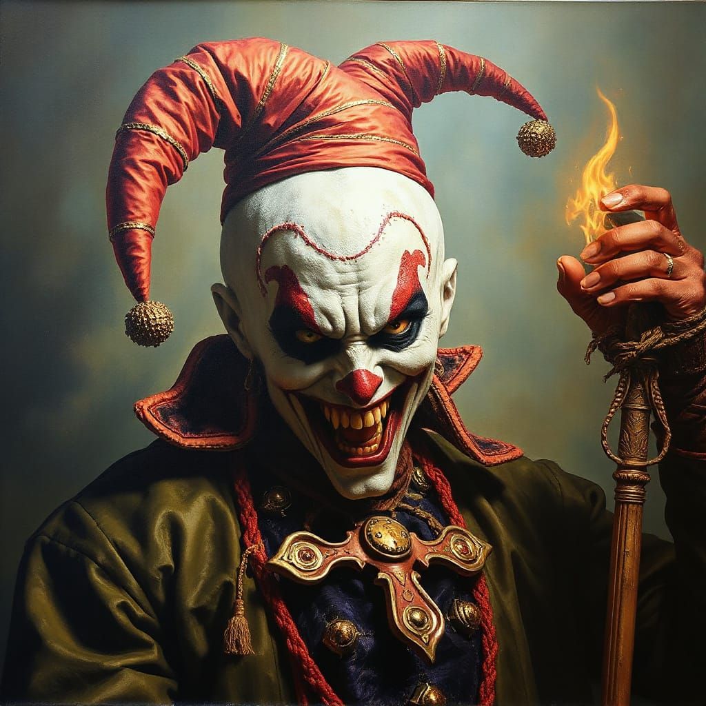 Malicious Jester in Radiumpunk Style Oil Painting