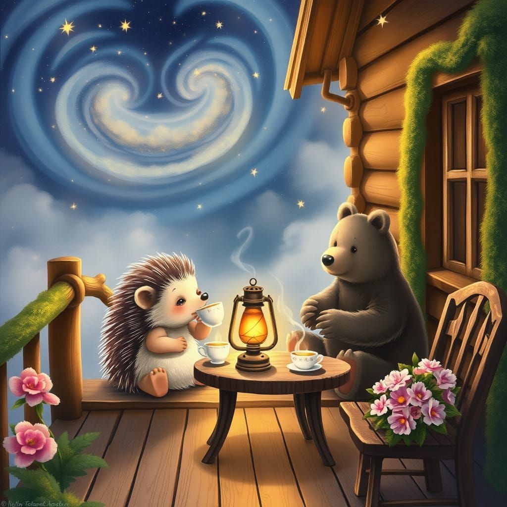 Whimsical Friends Share Tea on a Foggy Night