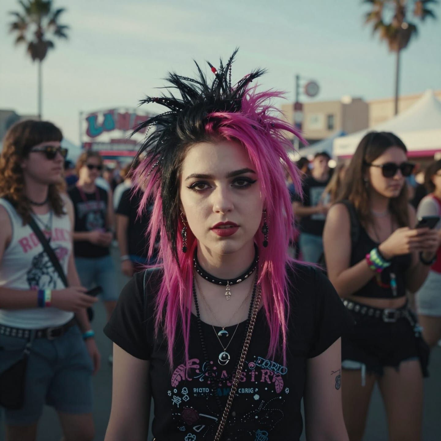 Punk Girl Amidst Crowd on Venice Boardwalk