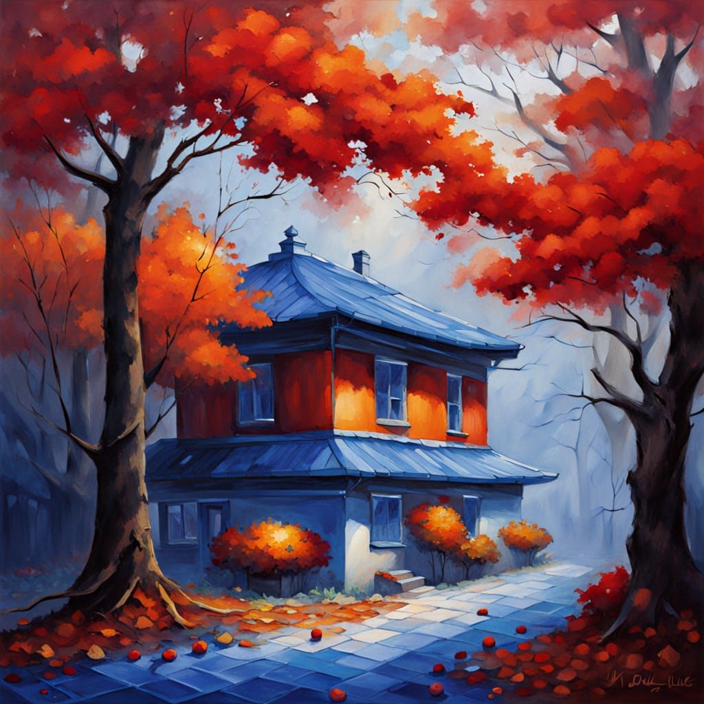 Vibrant Autumn Persimmon Tree in Misty Forest Oil Painting