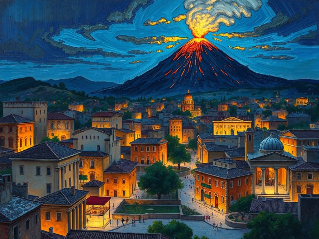 Impasto Impressionist Painting of Pompeii at Night with Vesu...